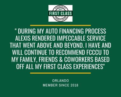 First Class Testimonial: "During my auto financing process, Alexis impeccable service that went above and beyond." -Orlando