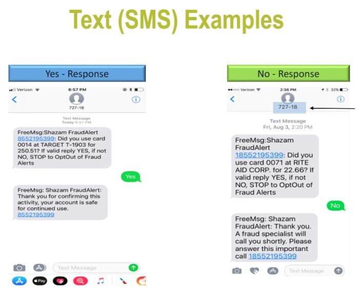 Examples of fraud text alerts