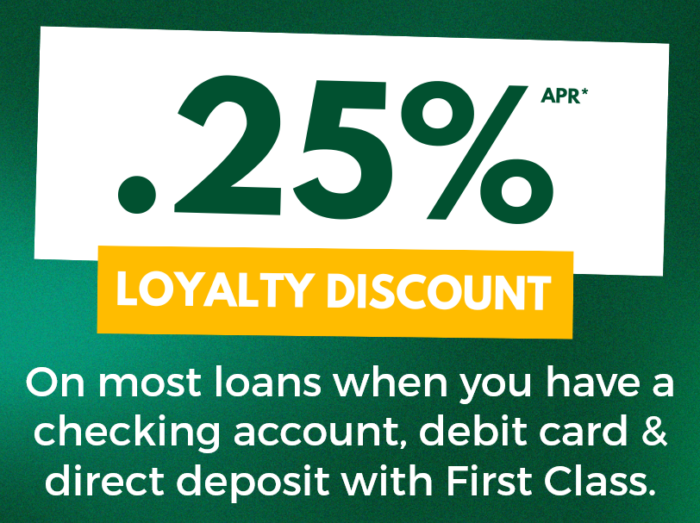 .25% APR* loyalty discount on most loans when you have a checking account, debit card & direct deposit with First Class.